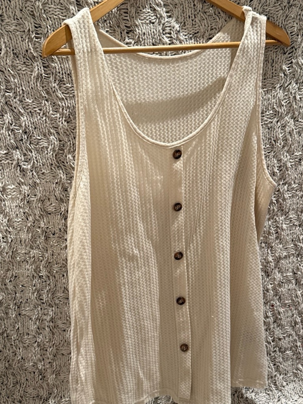 Sleeveless Button-Front Waffle Knit Tank Top - Cream